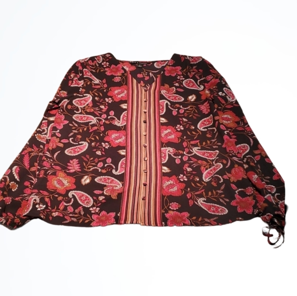 Zac & Rachel Red Black Tie Sleeve Flower Printed Paisley Blouse Size Small NWT - Picture 1 of 5
